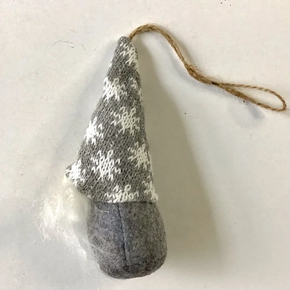 Gnome Ornament Gray White Knit Felted Wool Scandinavian Nordic Christmas 5.5”